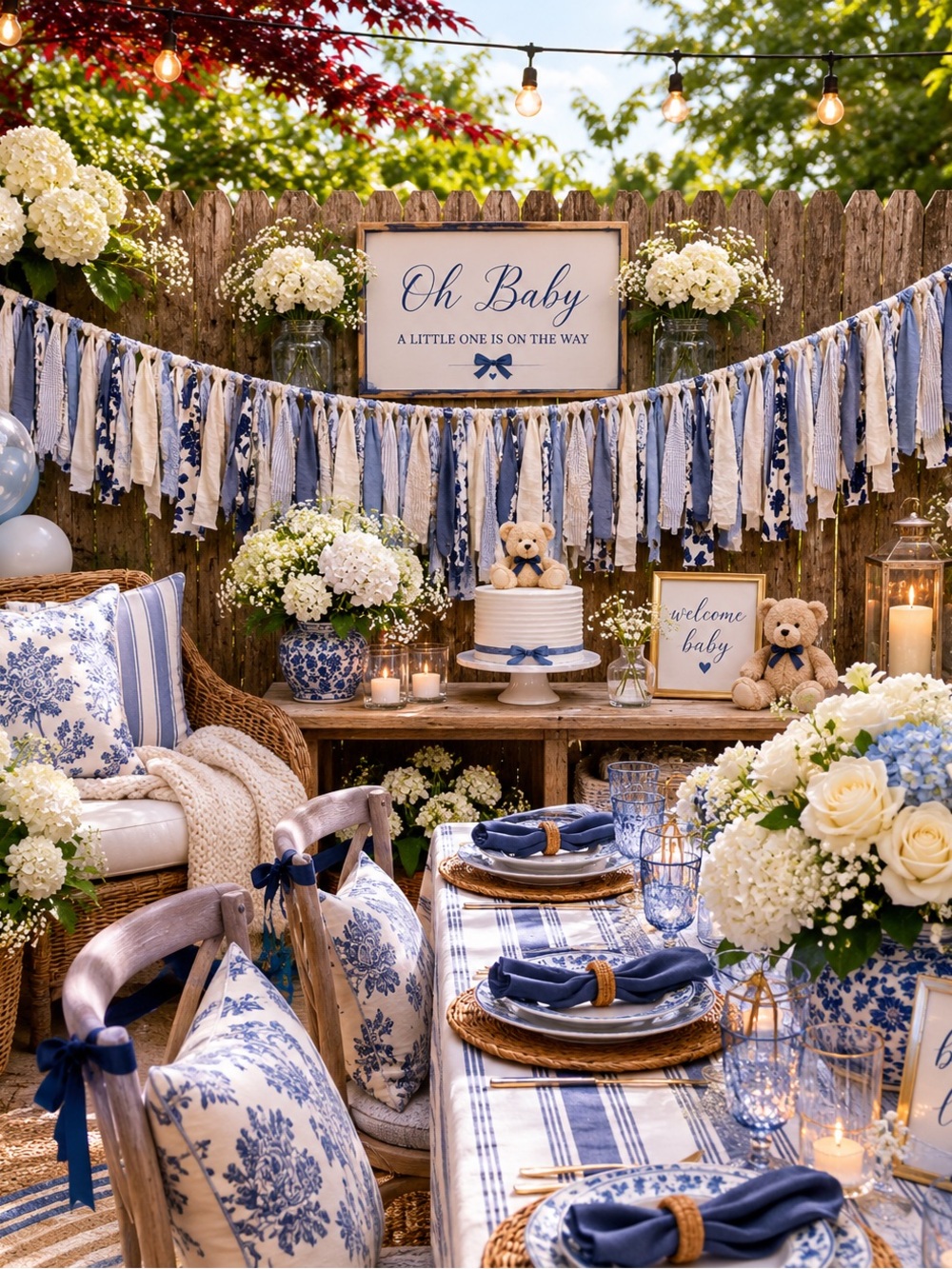 Blue, White, Beige Floral & Stripe Fabric Garland Streamer Party Decor